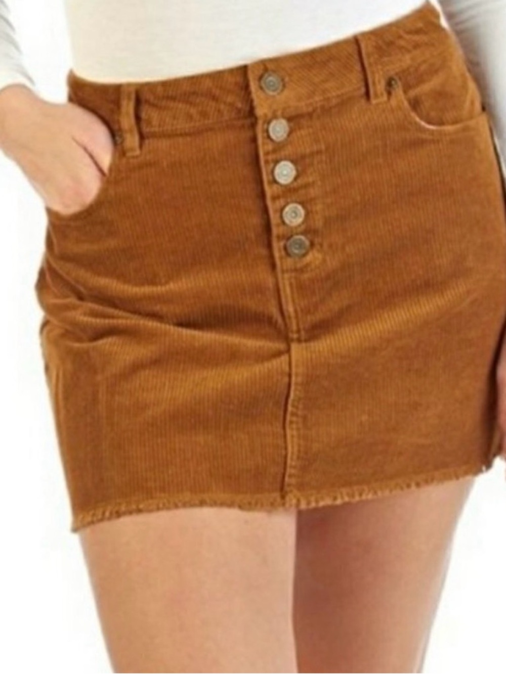 índigo Rain Corduroy Button-Front Mini Skirt in Camel Raw Hem Juniors 11/29